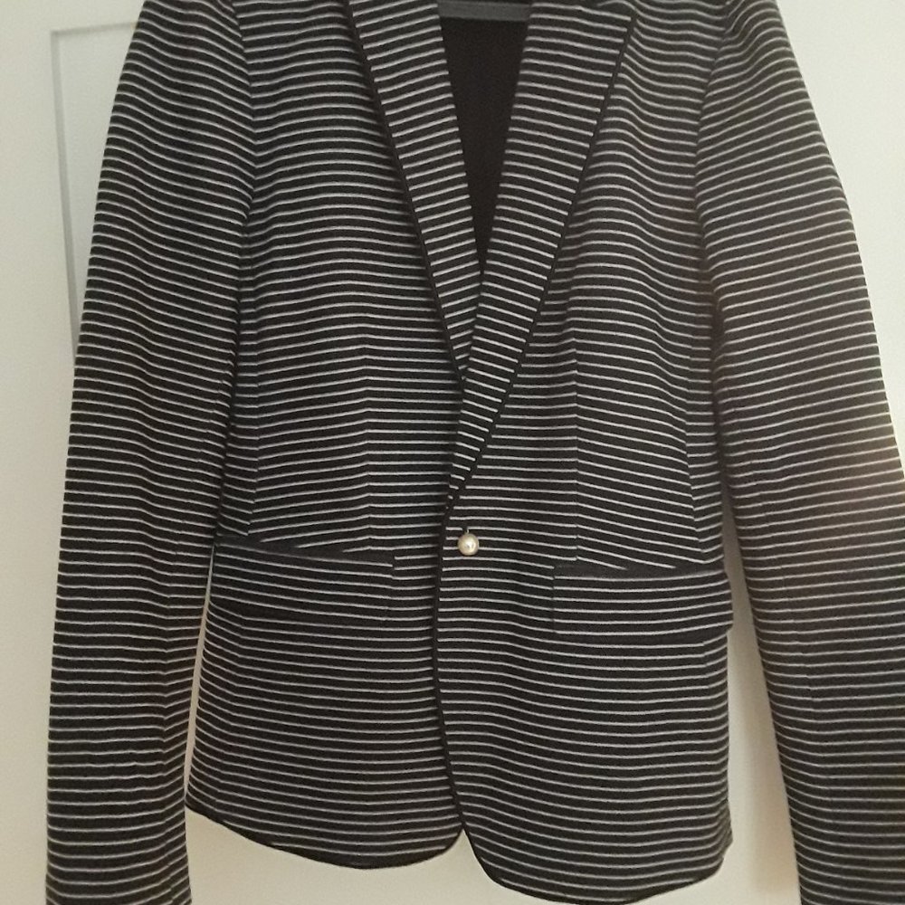 Ann Taylor Fitted Jacket - navy with white stripes with pearlized buttons